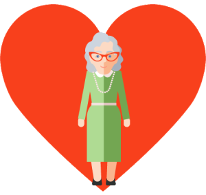 older woman with heart behind her